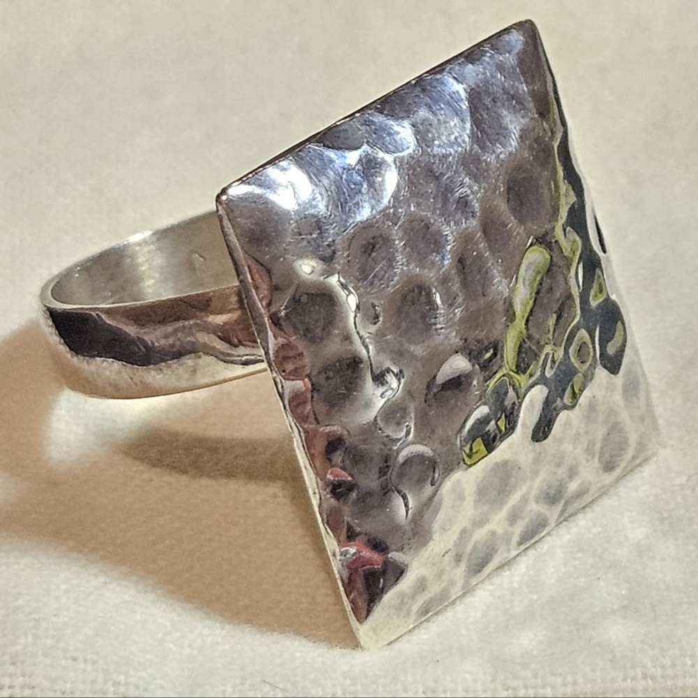 Vintage 925 Silver Minimalist Statement Ring Sz 9.5 Hammered Finish Modernist